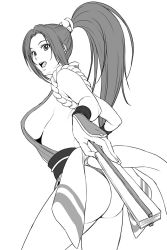 1girl ass bare_shoulders breasts commentary female_focus folded_fan folding_fan greyscale hand_fan high_ponytail highleg highres holding japanese_clothes large_breasts looking_at_viewer looking_back monochrome nigou ninja parted_bangs ponytail revealing_clothes ribbon rope shimenawa shiranui_mai sideboob simple_background sleeveless smile solo the_king_of_fighters thong white_background