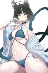 1girl absurdres animal_ears bikini black_choker black_eyes black_hair blue_archive blue_bikini blue_halo breasts cat_ears cat_tail choker commentary grey_kimono halo highres houh888 japanese_clothes kikyou_(blue_archive) kikyou_(swimsuit)_(blue_archive) kimono large_breasts multiple_tails navel official_alternate_costume open_clothes open_kimono short_hair simple_background solo stomach swimsuit tail thighs two_tails white_background