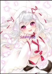 Rule 34 | azur lane, bare shoulders, breasts, detached sleeves, dog girl, dog tail, dress, hands up, highres, japanese clothes, large breasts, looking at viewer, marker (medium), mimi (mini1474), official alternate costume, red eyes, tail, thick eyebrows, traditional media, underboob, upper body, watermark, wedding dress, white hair, wide sleeves, yuudachi (azur lane), yuudachi (the bride of solomon) (azur lane)