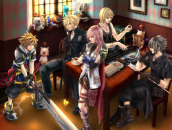 10s 1990s_(style) arrow_(projectile) artepiazza aya_brea belt blonde_hair book boots brown_hair bullet cape chain chocobo cloud_strife crossed_arms crossover elbow_gloves final_fantasy final_fantasy_vii final_fantasy_xiii final_fantasy_xv fingerless_gloves gloves grey_hair guernica gun hamaya indoors jewelry kingdom_hearts koyokoyo lightning_farron little_big_planet long_hair moogle necklace nintendo noctis_lucis_caelum opoona parasite_eve_(series) parasite_eve_the_3rd_birthday photo_(object) pikmin_(series) pink_hair pouch retro_artstyle short_hair sitting sora_(kingdom_hearts) spiked_hair sword table treasure_chest weapon yaruo