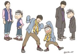 Rule 34 | 10s, 6+boys, ;), brothers, brown hair, coat, flat color, fukuyama jun, hands in pockets, hands on own hips, heart, heart in mouth, irino miyu, kyou (biske ao), long sleeves, male focus, matching outfits, matsuno ichimatsu, matsuno jyushimatsu, matsuno todomatsu, multiple boys, one eye closed, ono daisuke, osomatsu-kun, osomatsu-san, osomatsu (series), overcoat, pants, pants rolled up, pink shirt, real life, scarf, shirt, siblings, simple background, sleeves past wrists, smile, twitter username, vest, voice actor, white background