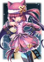 Rule 34 | 1girl, alucard lore, animal hat, bat wings, black boots, black wings, blue thighhighs, boots, cat hat, dress, emil chronicle online, frilled dress, frills, hair ornament, hat, highres, long hair, low ponytail, pink dress, pink ribbon, ponytail, purple hair, red eyes, ribbon, thighhighs, vampire, wings, winter, winter uniform, yupi828
