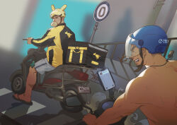 Rule 34 | 2boys, absurdres, animal ears helmet, animal helmet, bara, beard, blurry, blurry background, chenxiaocheng923, dark-skinned male, dark skin, delivery, facial hair, food in mouth, from side, full body, helmet, highres, kangaroo ears, kangaroo print, looking back, male focus, mature male, motorcycle, motorcycle helmet, multiple boys, muscular, muscular male, on motorcycle, onion, original, road, sandals, short hair, shorts, smile, street, sweat, topless male, upper body, white shorts