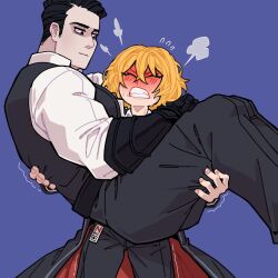 1boy 1girl black_coat black_eyes black_hair black_pants black_vest blonde_hair blue_background blush carrying carrying_person coat collared_shirt cottonwings don_quixote_(project_moon) full-face_blush full_body gauntlets highres limbus_company long_sleeves looking_at_another meursault_(project_moon) pants project_moon shirt short_hair simple_background standing upper_body vest white_shirt