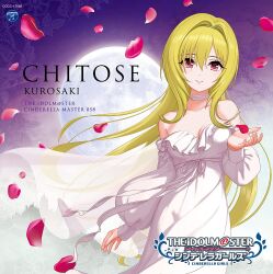 Rule 34 | 1girl, album cover, blonde hair, breasts, choker, cleavage, cover, dress, english text, hair intakes, hairband, idolmaster, idolmaster cinderella girls, idolmaster cinderella girls starlight stage, japanese text, kurosaki chitose, moon, official art, petals, pink eyes, smile, solo, white dress
