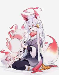 1girl akari_(pokemon) animal_ears blush closed_eyes cocoa_s3 cosplay eyeshadow galaxy_expedition_team_survey_corps_uniform grey_pantyhose highres hisuian_zorua hisuian_zorua_(cosplay) jacket long_hair makeup nintendo open_mouth pantyhose pokemon pokemon_(creature) pokemon_legends:_arceus pokemon_tail ponytail red_eyeshadow red_scarf sash scarf shirt sidelocks tail white_hair