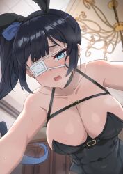 1girl alternate_costume animal_ear_hairband animal_ears bare_shoulders black_hair black_leotard black_pantyhose blue_eyes blush breasts cabinet chandelier chest_strap cleavage collarbone commentary_request covered_navel crying crying_with_eyes_open eyepatch fake_animal_ears from_below furrowed_brow hairband highres indoors korean_commentary large_breasts leotard long_hair looking_at_viewer medical_eyepatch nukenuke0209 one_eye_covered open_mouth pantyhose playboy_bunny rabbit_ears sidelocks solo strap sweat tears trickcal wavy_mouth xion_(trickcal)