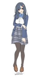 1girl absurdres blazer blue_bow blue_bowtie blue_hair blue_jacket blush bow bowtie breasts brown_pantyhose collared_shirt grey_skirt highres jacket long_hair long_sleeves looking_at_viewer medium_breasts open_clothes open_jacket open_mouth original pantyhose plaid_clothes plaid_skirt pleated_skirt red_eyes school_uniform shirt shoes simple_background skirt smile solo unasaka_ryou white_background white_shirt