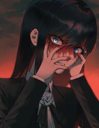Rule 34 | 1girl, absurdres, ado (utaite), black bow, black hair, black jacket, blood, blood on face, blood on hands, blue eyes, blue flower, blue rose, bow, chando (ado), cloud, cloudy sky, collared shirt, commentary, dress, flower, hair between eyes, hand on own face, hands up, highres, jacket, long hair, long sleeves, looking at viewer, mole, mole under eye, rose, shirt, sky, solo, tyrezal, utaite, variant set, white shirt