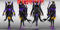 1girl 3d absurdres airachnid andypurro black_panties blender_(medium) breasts reference_sheet colored_skin fingernails high_heels highres horns humanoid_robot medium_breasts multiple_views panties purple_skin robot robot_girl sharp_fingernails transformers transformers_prime turnaround underwear