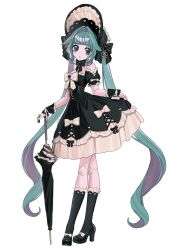 1girl :o absurdres black_shoes black_socks blue_eyes blue_hair bonnet corset crossed_legs detached_sleeves dress full_body gotou_az hair_intakes hatsune_miku high_heels highres holding holding_umbrella kneehighs lolita_fashion long_hair looking_at_viewer parasol shoes short_sleeves simple_background skirt_hold socks solo standing strapless strapless_dress twintails umbrella very_long_hair vocaloid white_background wrist_cuffs