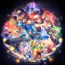2boys 2girls :d ;d adjusting_clothes adjusting_headwear ahoge animal bad_id bad_pixiv_id bag beret bianca_(pokemon) black_background black_footwear black_hair black_headwear blonde_hair blue_eyes blue_jacket breasts chandelure cheren_(pokemon) clenched_hand creatures_(company) dated deerling deerling_(spring) denim denim_shorts dress emolga game_freak gen_5_pokemon gothita green_headwear hand_up handbag hat hilbert_(pokemon) hilda_(pokemon) holding holding_animal jacket kyurem legendary_pokemon lillipup long_hair looking_to_the_side medium_hair multiple_boys multiple_girls munna mythical_pokemon naru_(andante) nintendo one_eye_closed open_mouth oshawott poke_ball poke_ball_symbol pokemon pokemon_(creature) pokemon_bw ponytail purrloin red_eyes red_headwear reshiram reuniclus short_hair short_shorts shorts smile snivy starter_pokemon_trio tepig vest victini white_headwear wristband zekrom zorua