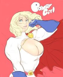 1girl aqua_eyes blonde_hair blue_gloves bodysuit breasts cape cleavage cleavage_cutout clothing_cutout dc_comics gloves hand_in_own_hair ittoku_art large_breasts medium_hair muscular muscular_female parted_lips pink_background power_girl power_girl_(1976_costume) red_cape sketch solo upper_body white_bodysuit