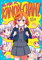 Rule 34 | 2girls, :o, ^ ^, arashi chisato, artist name, blue jacket, blunt bangs, blush, character name, closed eyes, closed mouth, collared shirt, commentary, cover, cover page, cowboy shot, cropped jacket, double bun, dress, eating, english commentary, english text, fake cover, flipped bangs, food, furu candy, ganbare! nakamura-kun!!, grey dress, hair bun, hair down, headphones, headphones around neck, heart frame, highres, holding strap, jacket, long sleeves, love live!, love live! superstar!!, manga cover, manmaru (love live!), multiple girls, neck ribbon, octopus, open clothes, open jacket, orange hair, parody, parted bangs, purple eyes, red eyes, red ribbon, ribbon, school uniform, shibuya kanon, shirt, standing, star frame, takoyaki, title parody, v-shaped eyebrows, white hair, white headphones, white shirt, winter uniform, yuigaoka school uniform, yuri