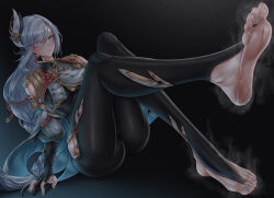 1girl absurdres barefoot blue_eyes dr.lee_(1323-4546-564) feet genshin_impact grey_hair hair_over_one_eye highres long_hair shenhe_(genshin_impact) soles steam toes