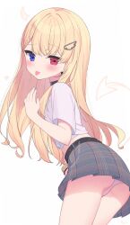 1girl ass belt belt_buckle black_belt blonde_hair blue_eyes blue_nails blush border buckle commentary_request drawn_horns drawn_tail from_side grey_background grey_skirt hair_ornament heterochromia highres long_hair looking_at_viewer looking_to_the_side midriff multicolored_nails nail_polish original panties pink_nails plaid_clothes plaid_skirt pleated_skirt red_eyes roin shirt short_sleeves skirt solo tongue tongue_out underwear very_long_hair white_border white_panties white_shirt wing_hair_ornament
