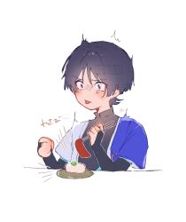 1boy black_bodysuit black_bridal_gauntlets black_hair blue_sleeves blunt_ends bodysuit bridal_gauntlets cape chopsticks clenched_hands cropped_torso emphasis_lines fish_(food) food genshin_impact gold_ring hands_up highres holding holding_chopsticks japanese_clothes kimono layered_sleeves male_focus mandarin_collar middle_ring nero_hanken no_pupils open_clothes open_kimono plate purple_cape purple_eyes rice sashimi scaramouche_(genshin_impact) short_sleeves solo tears tongue tongue_out twitching wanderer_(genshin_impact) watermark white_background white_kimono white_sleeves wide-eyed wispy_bangs