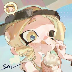 1girl 1other ;q absurdres acuteghost black_hat blonde_hair chinese_commentary closed_mouth colored_tongue commentary_request drill_hair eating food food_on_face hat highres holding holding_ice_cream_cone ice_cream ice_cream_cone ice_cream_on_face nintendo octoling octoling_girl octoling_player_character one_eye_closed parted_bangs portrait shirt short_hair sideways_hat solo_focus speech_bubble splatoon_(series) tentacle_hair tongue tongue_out twin_drills visor_cap white_shirt wiping_face yellow_eyes yellow_tongue