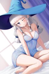 Rule 34 | 1girl, arm between legs, bare legs, barefoot, blue eyes, blue hat, blue nails, blue nightgown, blunt bangs, blush, braid, breasts, cleavage, commentary, english commentary, full body, haonfest, hat, highres, large breasts, large hat, long hair, looking at viewer, nightgown, one eye closed, original, side braids, sitting, sleepwear, solo, witch, witch hat