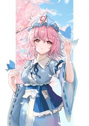Rule 34 | 1girl, blue dress, blue hat, blue ribbon, breasts, bug, butterfly, butterfly on hand, crossed bangs, dress, hair between eyes, hakugyokurou no oojou-sama, hat, insect, long sleeves, medium breasts, medium hair, neck ribbon, parted lips, pink eyes, pink hair, ribbon, ribbon-trimmed sleeves, ribbon trim, saigyouji yuyuko, solo, standing, touhou, wide sleeves