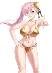 1girl bare_shoulders bikini blue_eyes blush breasts bun_cover cleavage collarbone fate/grand_order fate_(series) gold_bikini grin hair_bun hair_ribbon highres large_breasts long_hair looking_at_viewer miyamoto_musashi_(fate) miyamoto_musashi_(fate/grand_order) miyamoto_musashi_(swimsuit_berserker)_(fate) pink_hair pointing pointing_at_viewer ribbon ryouya single_side_bun smile solo swept_bangs swimsuit thighs white_background