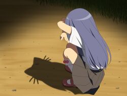 1girl black_skirt blue_hair bobby_socks cat_shadow_puppet_(meme) commentary_request day furude_rika gaou_(babel) higurashi_no_naku_koro_ni long_hair meme outdoors pleated_skirt red_shoes shirt shoes short_sleeves skirt socks solo squatting very_long_hair white_shirt white_socks wide_sleeves