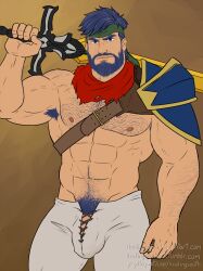 Rule 34 | 1boy, abs, aged up, arm hair, armor, armpit hair, bad link, bara, bare pectorals, beard, blue eyes, blue hair, bulge, chest hair, commentary, cross-laced clothes, cross-laced pants, facial hair, fire emblem, fire emblem: radiant dawn, full beard, green headband, headband, headingsouthart, highres, holding, holding sword, holding weapon, ike (fire emblem), looking at viewer, male focus, male pubic hair, muscular, muscular male, navel, nintendo, pants, pauldrons, pectorals, penis, penis peek, pubic hair, ragnell, short hair, shoulder armor, simple background, single pauldron, solo, sword, weapon