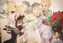 2boys 2girls :d ahoge alolan_form alolan_vulpix alternate_color beard beast_ball blonde_hair blunt_bangs commentary_request eyelashes facial_hair family gen_2_pokemon gen_5_pokemon gen_7_pokemon gladion_(pokemon) green_eyes green_vest holding holding_poke_ball huan_li legendary_pokemon lillie_(nihilego) lillie_(pokemon) long_hair long_sleeves lusamine_(pokemon) magearna magearna_(normal) mature_female mohn_(pokemon) multiple_boys multiple_girls mythical_pokemon nihilego nintendo open_mouth pants poke_ball pokemon pokemon_(anime) pokemon_(creature) pokemon_journeys pokemon_swsh111 shiny_pokemon shirt short_hair silvally smile tongue ultra_beast umbreon vest zoroark
