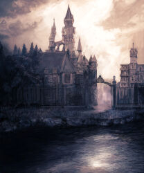 absurdres castle day fence gate grass highres house iron_fence lake landscape mitsuaki_takeuchi no_humans original outdoors scenery tree