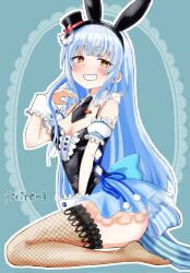 Rule 34 | 1girl, animal ears, bare shoulders, black hairband, black hat, black leotard, black necktie, blue hair, blue skirt, breasts, brown eyes, brown thighhighs, center frills, cleavage, collar, commentary request, detached collar, detached sleeves, fake animal ears, fishnet thighhighs, fishnets, frilled collar, frilled skirt, frilled sleeves, frills, grey background, grin, hairband, hand up, hat, highres, hololive, kiritoma, leotard, long hair, medium breasts, mini hat, mini top hat, necktie, outline, puffy short sleeves, puffy sleeves, rabbit-shaped pupils, rabbit ears, short necktie, short sleeves, signature, sitting, skirt, smile, solo, symbol-shaped pupils, thighhighs, tilted headwear, top hat, usada pekora, usada pekora (furi furi bunny dress), very long hair, virtual youtuber, wariza, white outline, white sleeves, wing collar, wrist cuffs