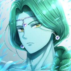 1boy androgynous aoki_arisa aqua_skin artist_name blue_fire braid circlet closed_mouth collarbone colored_eyelashes colored_skin commentary_request dragon_ball dragonball_z earrings fire gem gradient_background green_hair grey_background highres jewelry looking_at_viewer looking_to_the_side male_focus parted_hair purple_gemstone saiyan_armor silver_circlet single_braid solo sphere_earrings upper_body white_background yellow_eyes zarbon