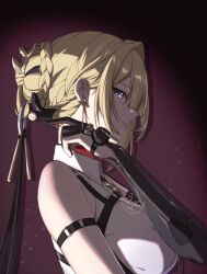 1girl absurdres arm_strap artist_logo bare_shoulders black_gloves blonde_hair braid braided_bun breasts closed_mouth collared_shirt commentary earrings elbow_gloves evelyn_chevalier from_side gloves hair_bun hair_ornament hand_up highres jewelry large_breasts logo looking_at_viewer luyue mole mole_under_eye no_jacket purple_eyes ring_hair_ornament shirt short_hair sideways_glance smile solo upper_body zenless_zone_zero
