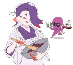 1girl :q ^_^ apron baking bowl cephalopod_eyes chibi closed_eyes closed_mouth cup food hachimaki hair_over_one_eye headband highres holding holding_bowl holding_spoon holding_tray jounetsu_(jonetunoaoitako) kappougi long_hair mixing_bowl mochi multicolored_hair multiple_views nejiri_hachimaki nintendo octoling octoling_(swim_form) octopus official_alternate_costume one_eye_covered purple_hair red_bean_paste red_eyes red_hair shiver_(splatoon) short_eyebrows splatoon_(series) splatoon_3 spoon suction_cups tentacle_hair tongue tongue_out tray two-tone_hair white_background wooden_spoon yunomi