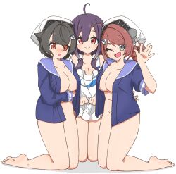 3girls absurdres ahoge animal_print apron bandana barefoot black_hair blue_sailor_collar blue_shirt braid braided_hair_rings breasts brown_hair chougei_(kancolle) cleavage fish_print full_body grey_eyes hair_flaps hair_ornament hair_over_shoulder hair_rings headgear highres jingei_(kancolle) kantai_collection large_breasts long_hair looking_at_viewer low_twintails multiple_girls nairo naked_apron no_panties open_clothes open_mouth open_shirt purple_hair red_eyes sailor_collar sailor_shirt shirt simple_background taigei_(kancolle) twin_braids twintails waving whale_hair_ornament whale_print white_apron white_background white_bandana