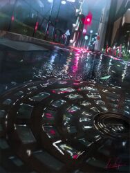 Rule 34 | absurdres, banishment, building, city, commentary request, gutter, highres, night, no humans, original, outdoors, power lines, road, road sign, scenery, sign, signature, traffic light, wet pavement