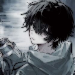 Rule 34 | 1boy, artist request, black eyes, black hair, dark background, dark legends, fanart digital, grey jacket, jacket, medium hair, original, sad, source request