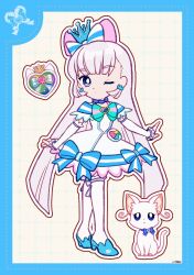 Rule 34 | 1girl, ;o, aqua bow, aqua bowtie, bag bow, blue bag, blue border, blue bow, blue brooch, blue choker, blue crown, blue eyes, blue shoes, blue sleeves, blunt bangs, blunt ends, border, bow, bow choker, bow legwear, bowtie, bright pupils, brooch, cat, choker, crown, crown earrings, cure nyammy, deformed, dot nose, dotted line, dress, dress bow, dual persona, earrings, expressionless, eyelashes, frilled arm warmers, frilled sleeves, frilled thighhighs, frills, grey background, grid background, hair bow, heart, heart brooch, high heels, highres, jewelry, large bow, long hair, looking at viewer, magical girl, medium dress, mini crown, multicolored bow, nekoyashiki yuki, nekoyashiki yuki (cat), one eye closed, outline, parted lips, pink bow, precure, pumps, purple bow, shoes, short sleeves, signature, single stripe, striped bow, striped bowtie, striped clothes, striped sleeves, thighhighs, two-tone bag, uwded 207, very long hair, waist bag, white arm warmers, white bag, white bow, white cat, white dress, white hair, white outline, white pupils, white thighhighs, wonderful precure!