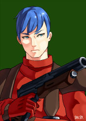1boy blue_eyes blue_hair chirico_cuvie green_background gun holding holding_gun holding_weapon male_focus military pilot_suit redesign simple_background solo soukou_kihei_votoms tantetsu weapon