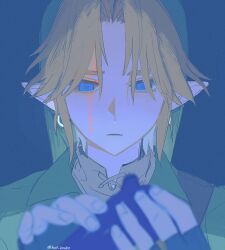 1boy alternate_blood_color blonde_hair blood blood_on_face blue_eyes earrings fingerless_gloves gloves green_tunic hat hat_babo highres instrument jewelry link looking_down male_focus nintendo ocarina open_mouth pointy_ears remembering sad shirt simple_background solo the_legend_of_zelda the_legend_of_zelda:_ocarina_of_time tunic