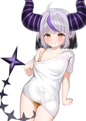 1girl absurdres ahoge between_legs bikini bikini_under_clothes black_hair blush breasts closed_mouth clothes_pull commentary_request cowboy_shot demon_girl demon_horns ear_piercing gold_bikini grey_hair highres hololive horns la+_darknesss looking_at_viewer multicolored_hair no_pants piercing pointy_ears pulling_own_clothes purple_hair sawamaru_0528 shirt shirt_pull short_hair short_sleeves simple_background small_breasts smile solo star_(symbol) streaked_hair striped_horns swimsuit tail tail_between_legs thighs virtual_youtuber white_background white_shirt yellow_eyes