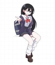 Rule 34 | 1girl, alternate costume, bag, black eyes, black hair, black skirt, bow, bowtie, bright pupils, collared shirt, duffel bag, gyaru, gyaru v, highres, kiimorisame, kogal, leg warmers, long hair, mari (faraway) (omori), mari (omori), omori, pleated skirt, red bow, red bowtie, shirt, short hair, skirt, solo, v, white leg warmers, white pupils, white shirt