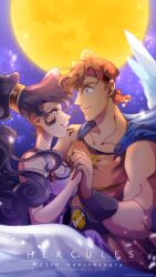 Rule 34 | 1boy, 1girl, airagency1005, ancient greek clothes, animification, blue eyes, brown hair, dress, eyeshadow, fiery hair, greco-roman clothes, hercules (1997 movie), hercules (disney), highres, long hair, looking at viewer, makeup, megara (disney), muscular, ponytail, purple dress, purple eyes, purple eyeshadow, short hair, sleeveless, smile
