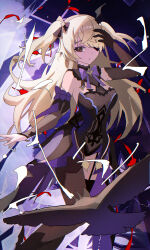 1girl absurdres asymmetrical_legwear bird black_garter_straps black_gloves black_pantyhose black_thighhighs blonde_hair closed_mouth crow eyepatch fischl_(genshin_impact) floating_hair garter_straps genshin_impact gloves green_eyes hand_on_own_hip highres long_hair looking_at_viewer oz_(genshin_impact) pantyhose single_garter_strap single_glove solo thighhighs two_side_up uneven_legwear wuzhihuijia