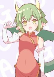 1girl china_dress chinese_clothes claw_pose covered_navel draco_centauros dragon_girl dragon_tail dress elbow_gloves eyelashes fang gao gloves green_eyes green_wings highres horns jazz_grace madou_monogatari open_mouth pointy_ears puyopuyo red_dress short_hair side_slit solo tail teeth upper_teeth_only white_gloves wings yellow_horns