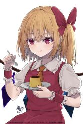 1girl ascot blonde_hair bow crystal crystal_wings embodiment_of_scarlet_devil flandre_scarlet food frilled_shirt_collar frills hair_between_eyes harumomiji highres holding holding_spoon looking_at_viewer pudding puffy_short_sleeves puffy_sleeves red_bow red_eyes red_ribbon red_vest revision ribbon shirt short_sleeves side_ponytail simple_background solo spoon touhou upper_body vest white_background white_shirt wings wrist_cuffs yellow_ascot