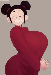 blush breasts china_dress chinese_clothes closed_eyes curvy double_bun dress gigantic_breasts hair_bun highres holding_hands kath_hawkins_art pucca pucca_(cartoon) red_dress red_ribbon ribbon signature smile