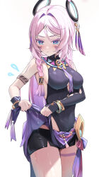 Rule 34 | 1girl, armlet, asymmetrical sleeves, bare shoulders, black leotard, black shorts, blue eyes, blush, bracelet, braid, breasts, citlali (genshin impact), closed mouth, colored eyelashes, cowboy shot, detached sleeves, drying, drying clothes, facial mark, feathers, floating headgear, flying sweatdrops, forehead mark, genshin impact, hair intakes, headgear, highres, jewelry, large breasts, leotard, long hair, looking down, medium breasts, necktie, pink feathers, pink hair, pink pupils, purple eyes, purple feathers, purple leotard, purple necktie, purple sarong, purple sleeves, ribbed leotard, ribbed sleeves, ring hair ornament, sarong, short shorts, shorts, simple background, solo, standing, thighs, triangle, triangle facial mark, twin braids, uneven sleeves, ura (hamburg oniku), vision (genshin impact), white background