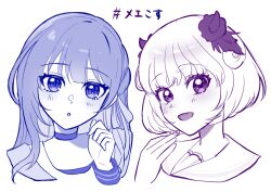 2girls collar highres idolmaster idolmaster_va-liv kamizuru_cosmo kamizurucosmo long_hair mamimu_meh monochrome multicolored_hair multiple_girls official_art short_hair smile streamers two-tone_hair virtual_youtuber