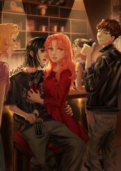 1boy 4girls ^_^ arm_rest band_shirt bar_(place) black_eyes black_hair black_jacket black_nails black_shirt blonde_hair blue_eyes blunt_bangs brown_hair can chain chain_necklace chair chizuru_(kininatteru_hito_ga_otoko_ja_nakatta) closed_eyes clothes_writing collarbone commentary dark derivative_work dress drink_can earrings english_commentary feet_out_of_frame gaz7v7 green_eyes grey_pants group_name hair_bun hand_on_another&#039;s_back hand_on_another&#039;s_chest heads_together highres holding holding_can hoop_earrings indoors jacket jewelry kininatteru_hito_ga_otoko_ja_nakatta koga_mitsuki leather leather_jacket long_sleeves looking_at_another mao_(kininatteru_hito_ga_otoko_ja_nakatta) merchandise mole mole_on_cheek mole_under_eye monster_energy multiple_girls multiple_rings narita_kei necklace on_chair oosawa_aya open_mouth orange_eyes orange_hair pants parted_lips plant print_shirt profile purple_shirt red_dress red_hot_chili_peppers ring shelf shirt short_hair short_sleeves single_hair_bun sitting smile sq_(series) t-shirt thick_eyebrows thumbs_up twitter_username vinyl_record wavy_hair