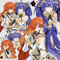 ... 2girls ahoge anger_vein augusta_(wuthering_waves) baya0l blue_hair breasts bridal_gauntlets cleavage closed_eyes closed_mouth commentary dress food food_in_mouth fruit grapes grey_background hair_between_eyes highres holding holding_food holding_fruit imminent_kiss iuno_(wuthering_waves) long_hair looking_at_another multiple_girls multiple_views parted_lips pout red_hair simple_background smile spoken_anger_vein twintails twitter_username very_long_hair white_bridal_gauntlets white_dress wuthering_waves yuri